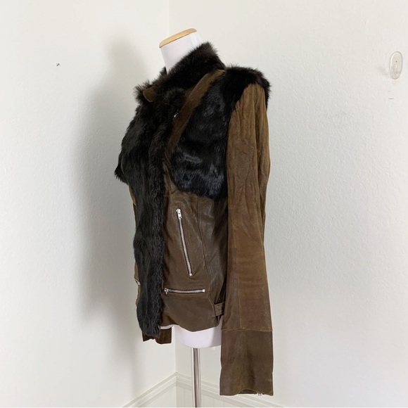 Sachin + Babi Leather Rabbit Fur Silk Jacket Brown Asymmetrical Zip - Picture 6 of 15